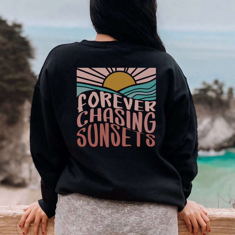 FOREVER CHASING SUNSETS CREWNECK SWEATSHIRT | FRONT & BACK DESIGN