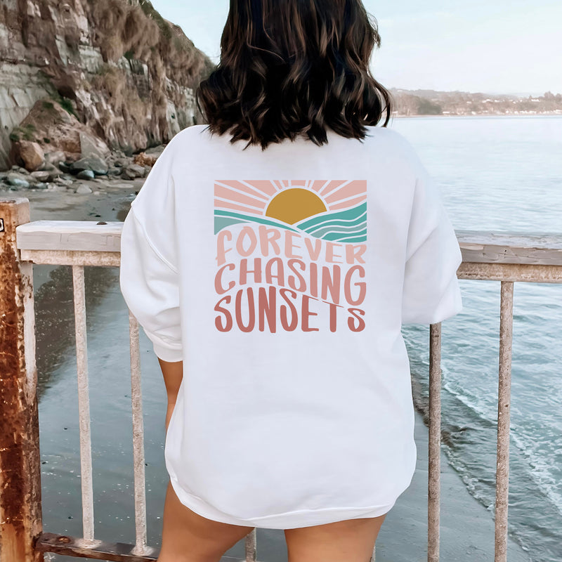 FOREVER CHASING SUNSETS CREWNECK SWEATSHIRT | FRONT & BACK DESIGN