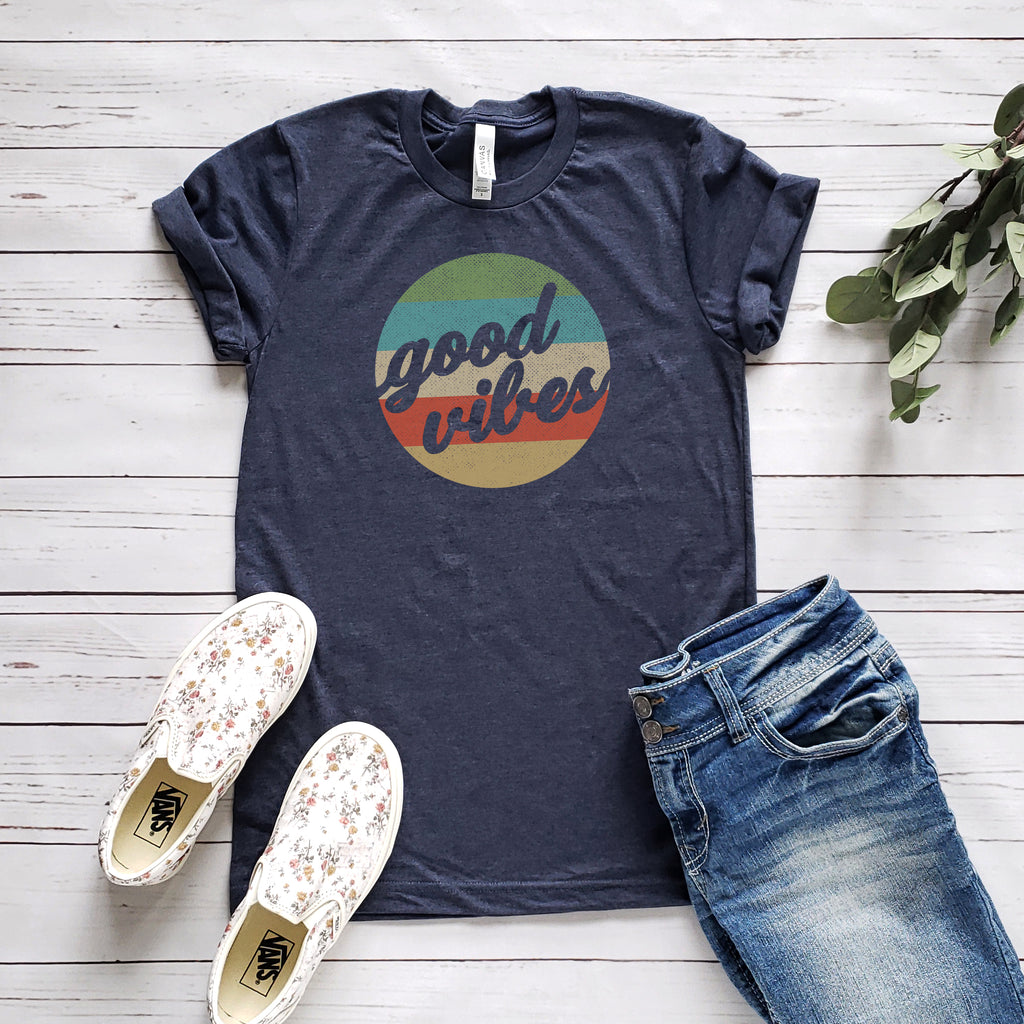 Navy Good Vibes Retro Unisex Short Sleeve Tee